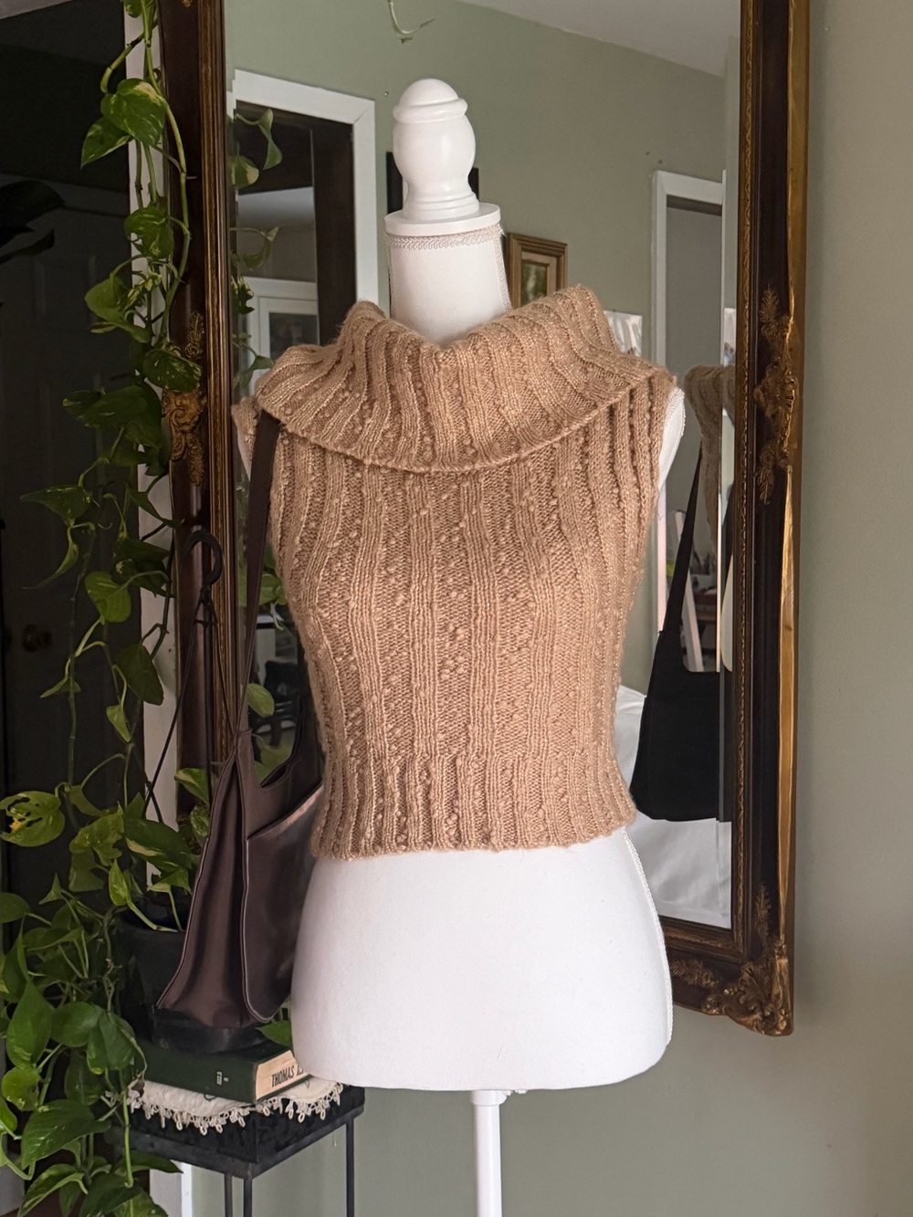 silence + noise Camel Ribbed Cowl-Neck Cropped Sweater Tank